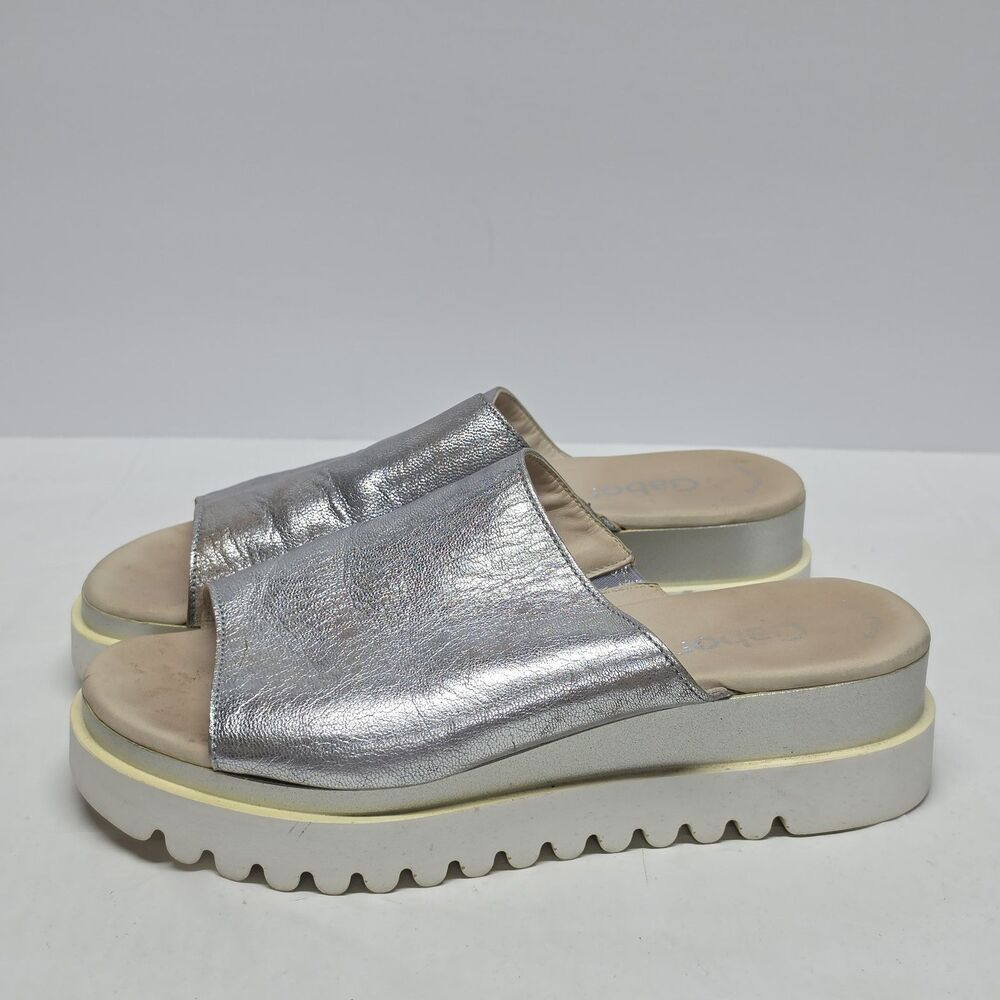 Gabor Platform Slip On Sandals Silver Leather Lug Sole Size UK 5.5 US 8